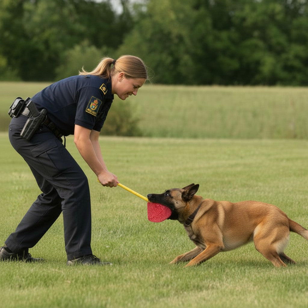 ZenZon Nordic police officer playing tug with a Belgian Malinois dog using a red hemp bite pillow.