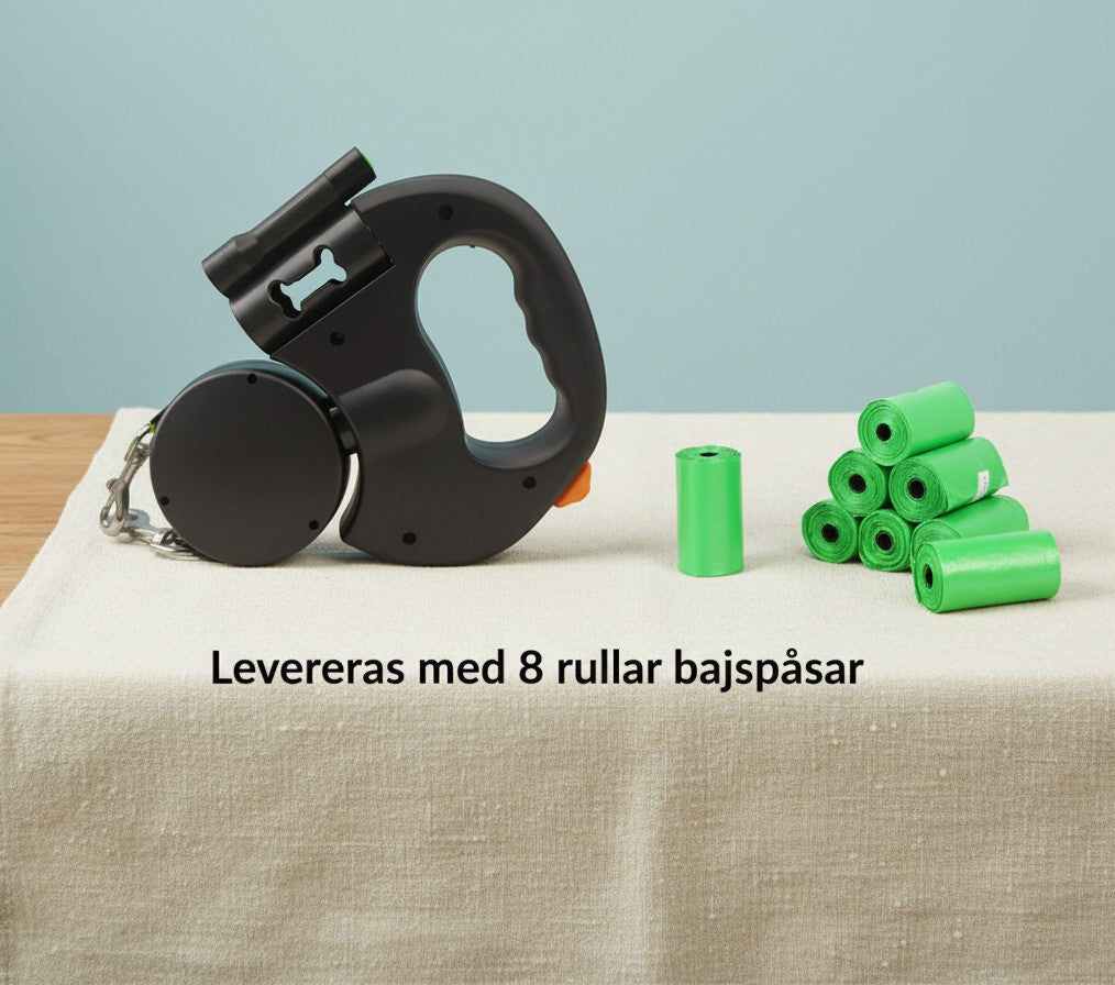 ZenZon Nordic black retractable dual dog leash with LED light and eight rolls of green waste bags on a table