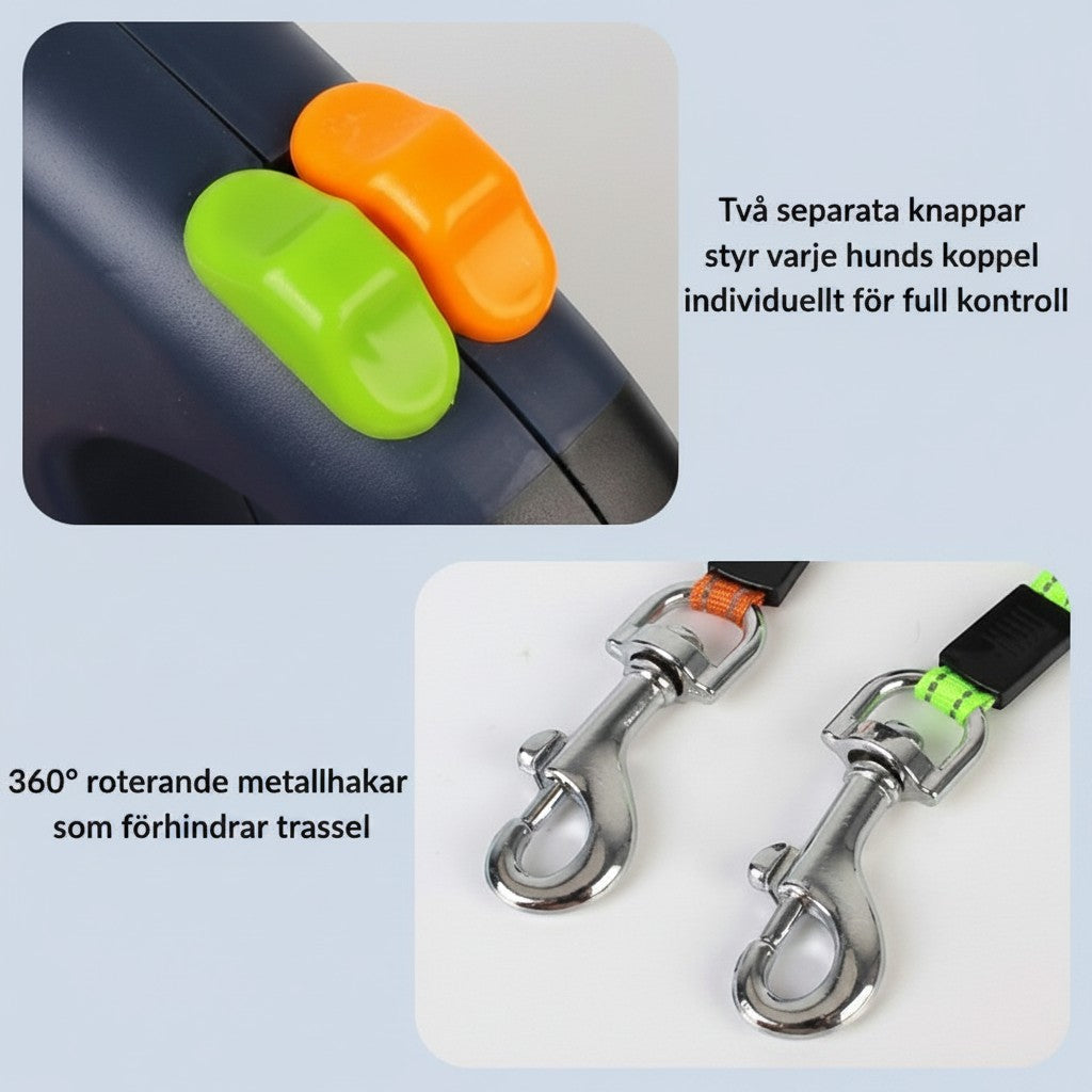 ZenZon Nordic dual retractable dog leash showing individual control buttons and 360-degree rotating metal clips