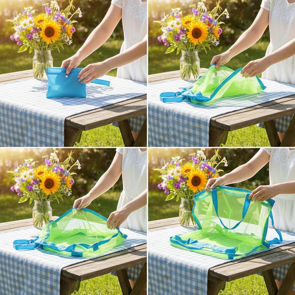 ZenZon Nordic foldable mesh beach bag for toys being unfolded on a garden table with sunflowers in the background