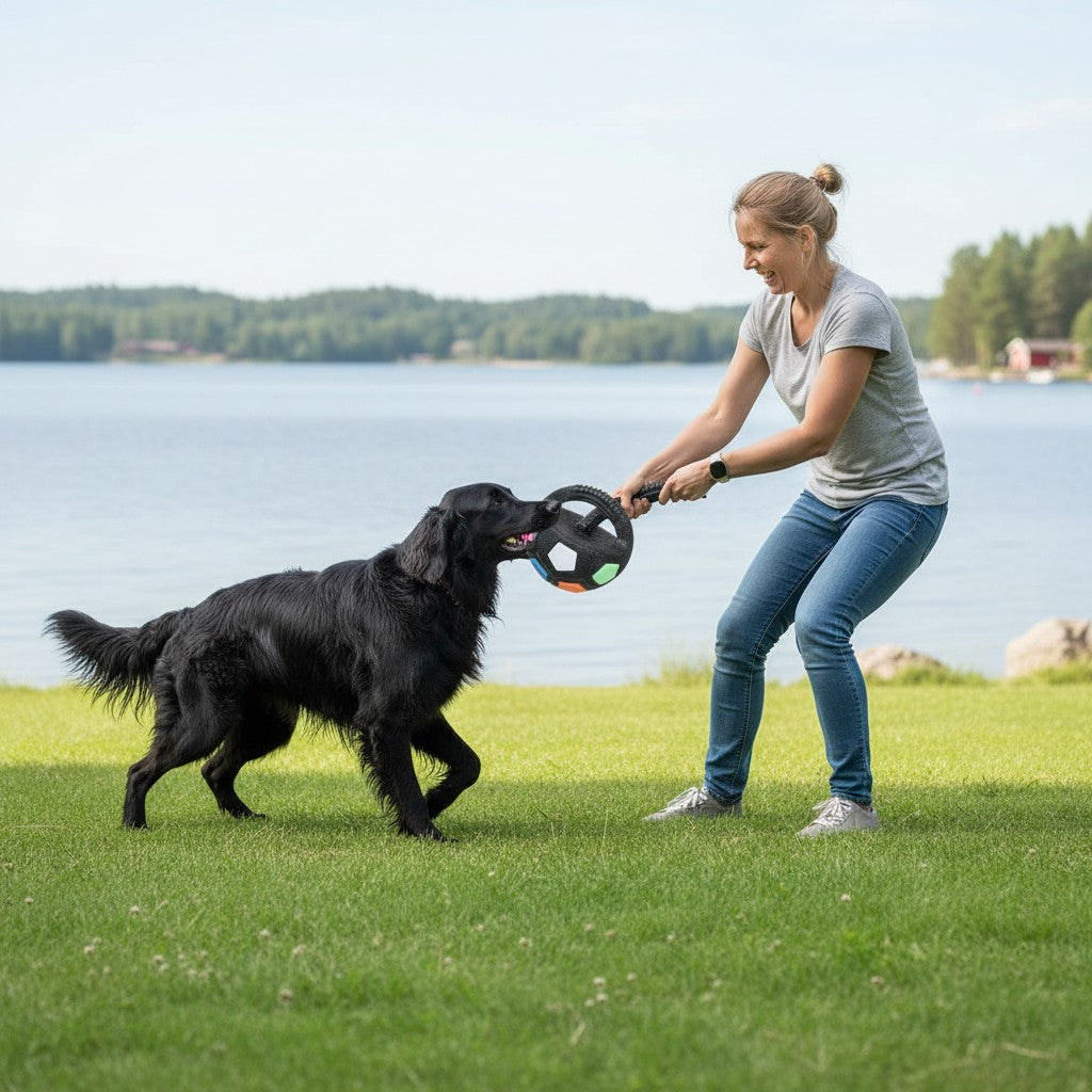 ZenZon Nordic black football-shaped dog toy with squeaker, handle, and colorful panels (pink, white, blue, orange, green).