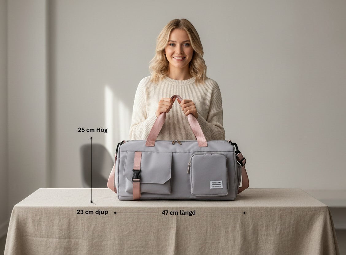 ZenZon Nordic grey waterproof weekend bag with pink straps and shoe compartment held by a woman at a table