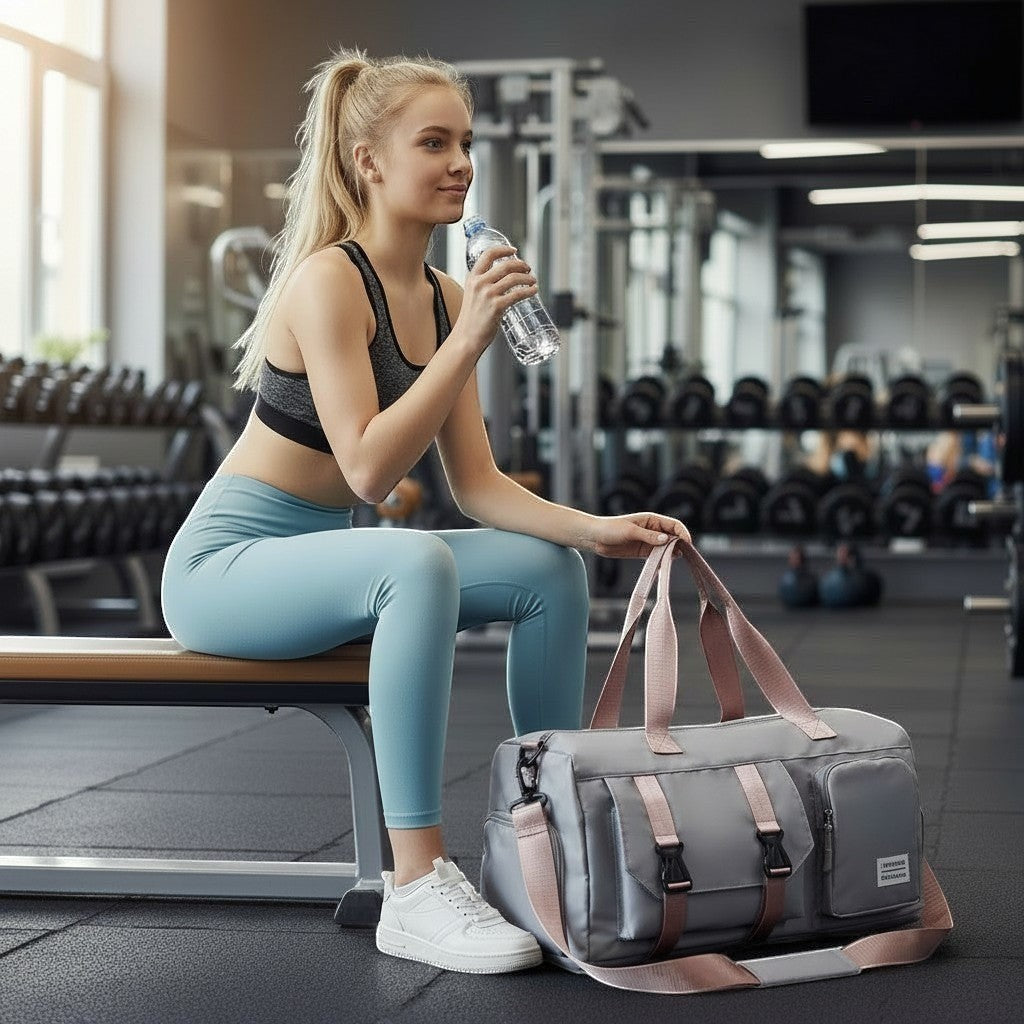 ZenZon Nordic grey waterproof weekend bag with pink straps and shoe compartment, held by a woman in a gym setting.