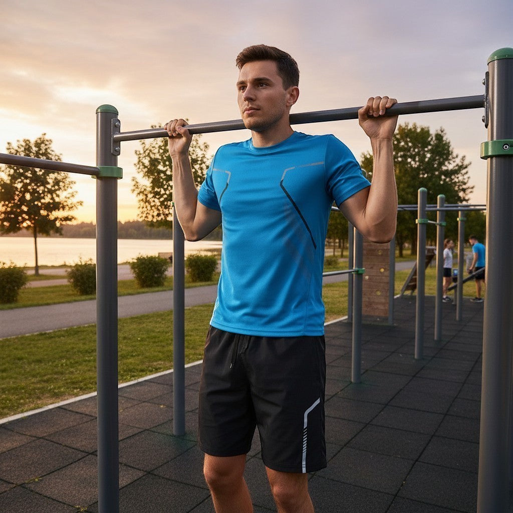 ZenZon Nordic blue short-sleeve t-shirt and black athletic shorts set made of ice silk polyester blend.