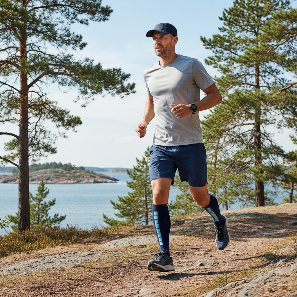 ZenZon Nordic navy blue nylon compression socks with light blue accents for running and training.