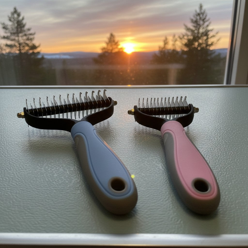 ZenZon Nordic double-sided pet grooming brush with stainless steel blades and ergonomic grip, available in blue and pink.