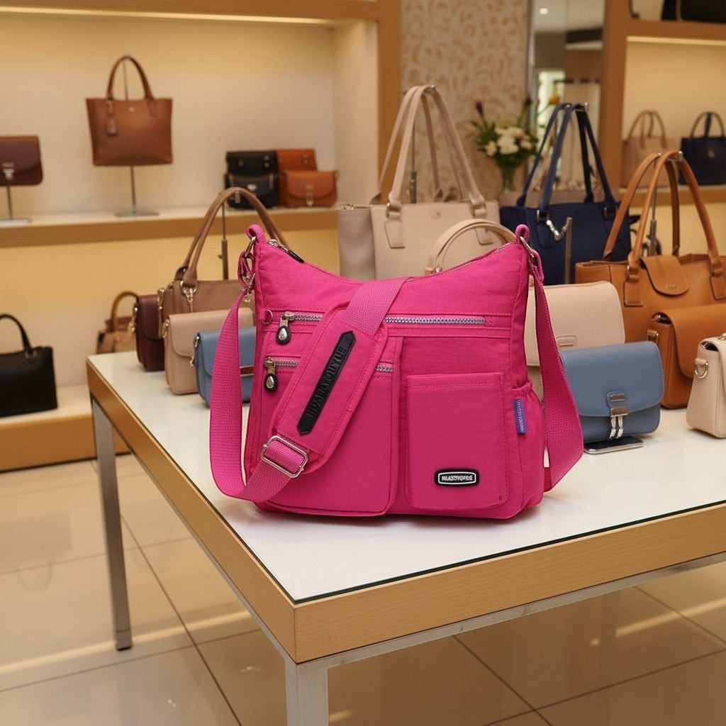 ZenZon Nordic pink nylon crossbody bag with multiple zippered pockets and adjustable strap on a store display table.