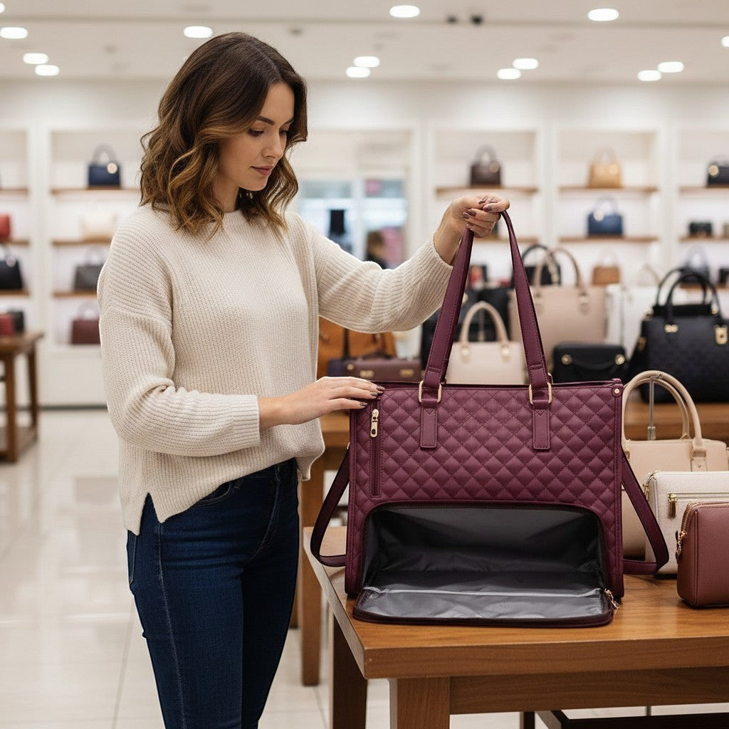 ZenZon Nordic quilted burgundy faux leather tote bag with insulated lunch compartment and laptop sleeve. Features gold hardware and a matching wallet.