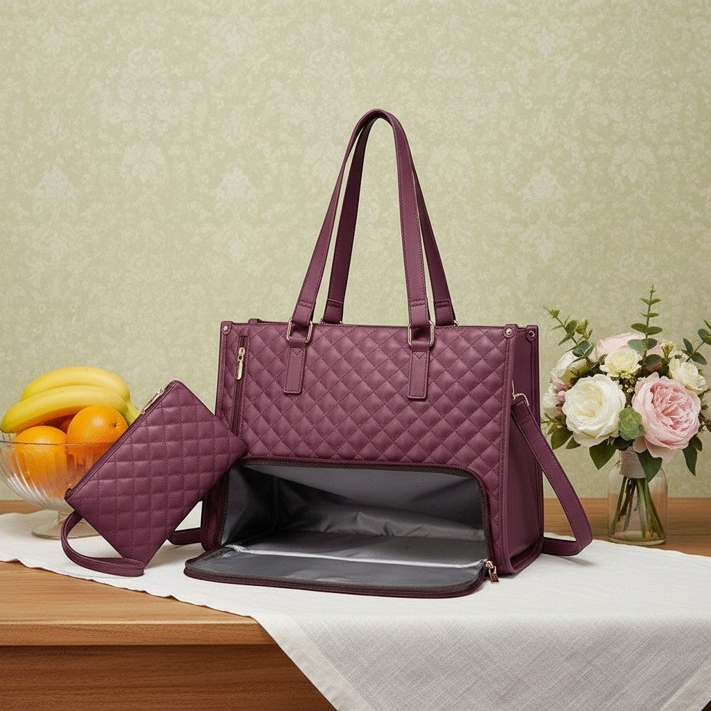 ZenZon Nordic quilted plum faux leather tote bag with insulated lunch compartment and matching wallet.