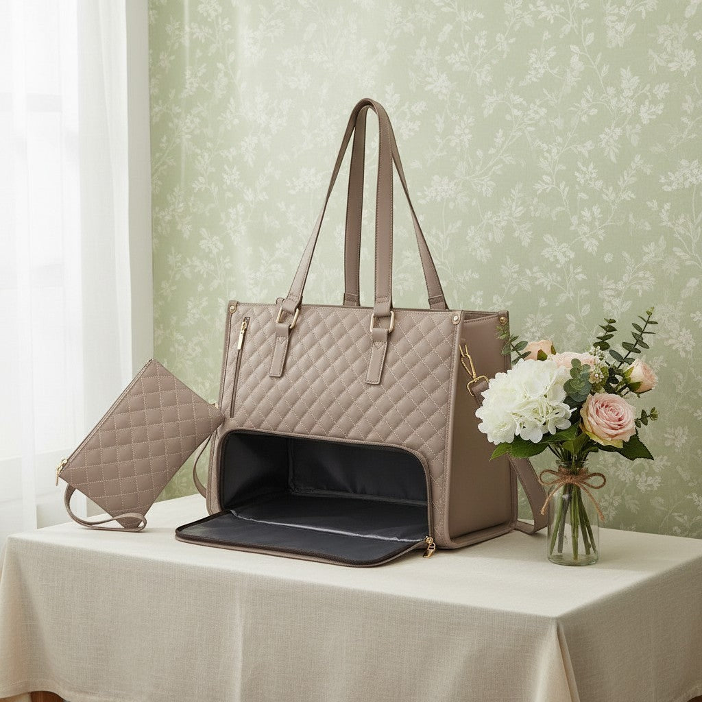 ZenZon Nordic taupe quilted faux leather tote bag with insulated lunch compartment and matching clutch.