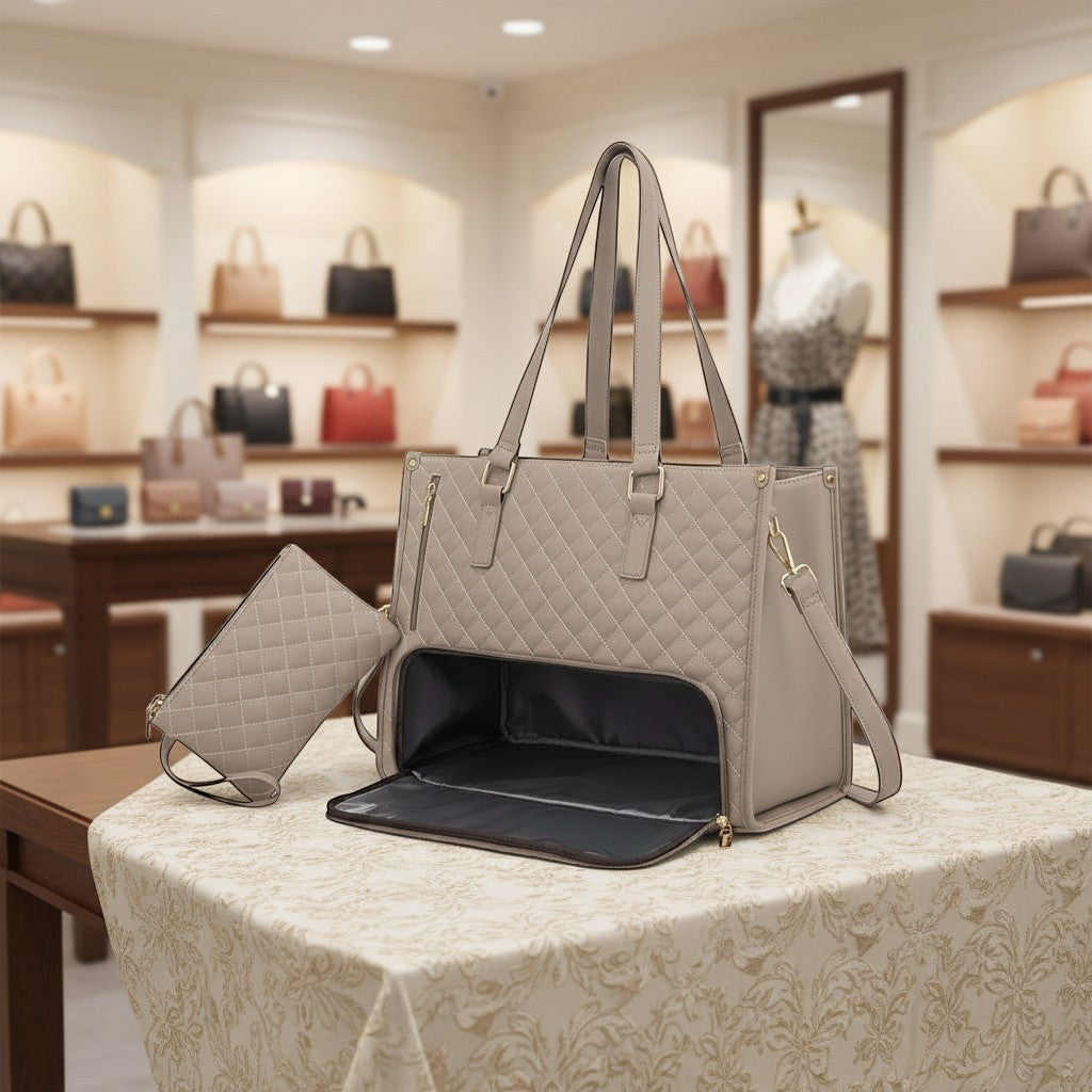 ZenZon Nordic taupe quilted faux leather tote bag with insulated lunch compartment and matching wallet.
