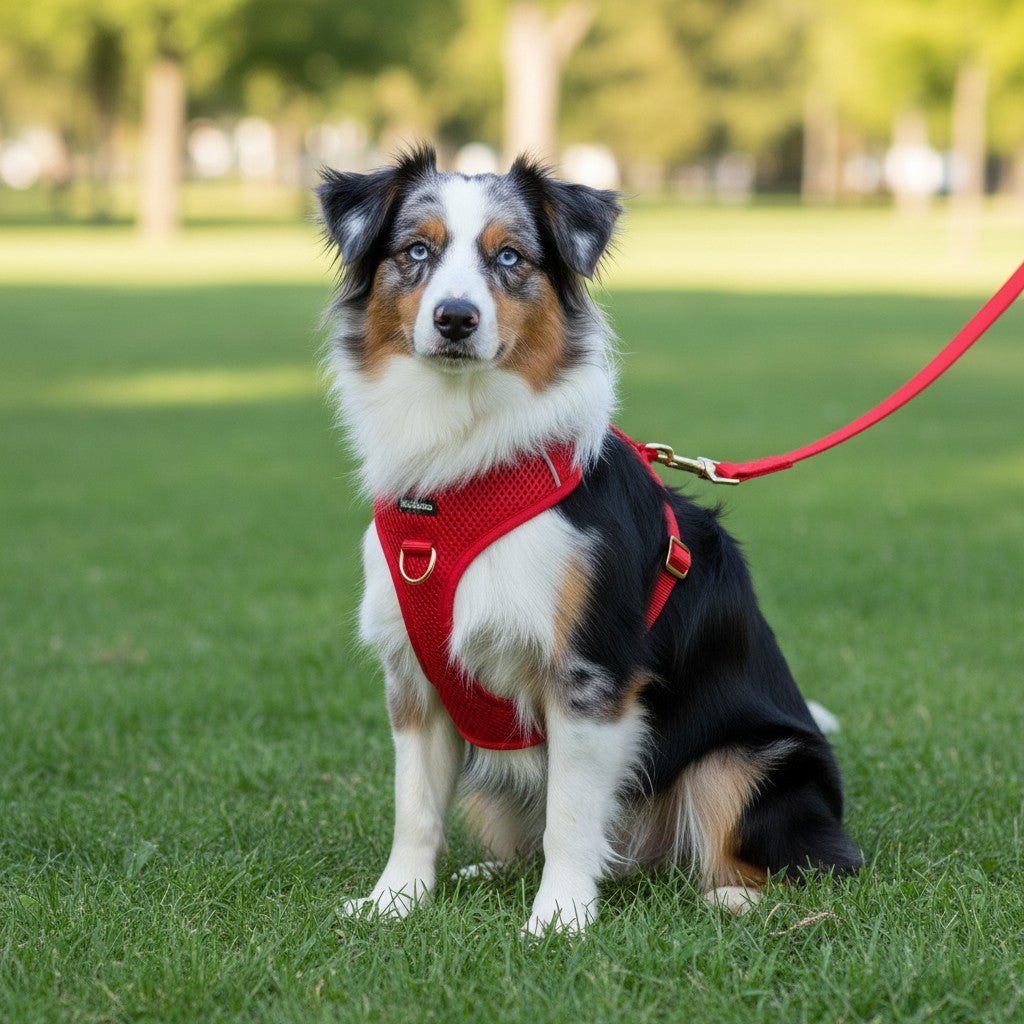 ZenZon Nordic red adjustable dog harness with leash, breathable mesh lining, and personalized buckle.