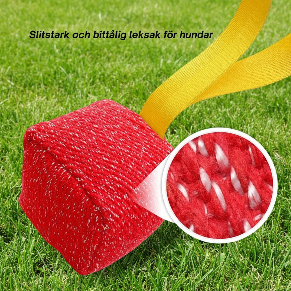 ZenZon Nordic red hemp dog tug toy with yellow handle for interactive play and training.