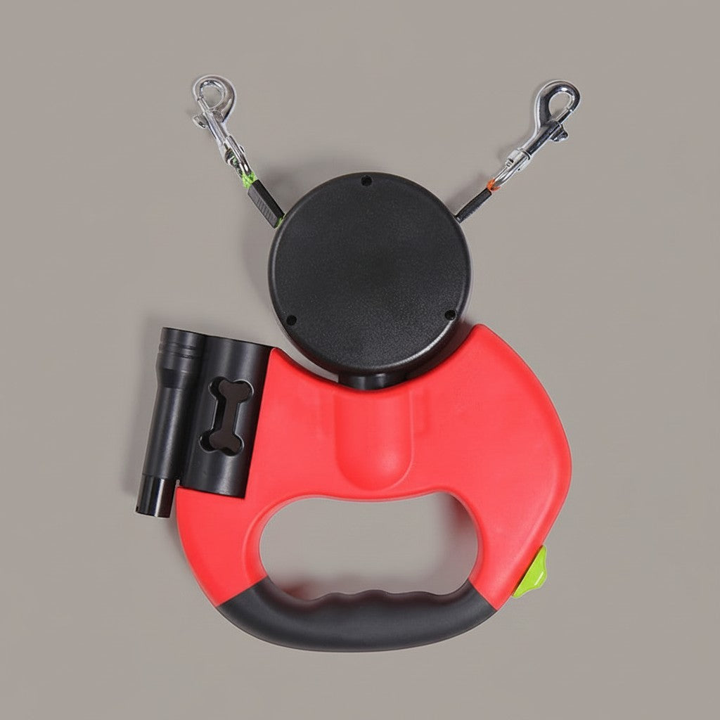 ZenZon Nordic red and black retractable dual dog leash with built-in LED flashlight and waste bag dispenser