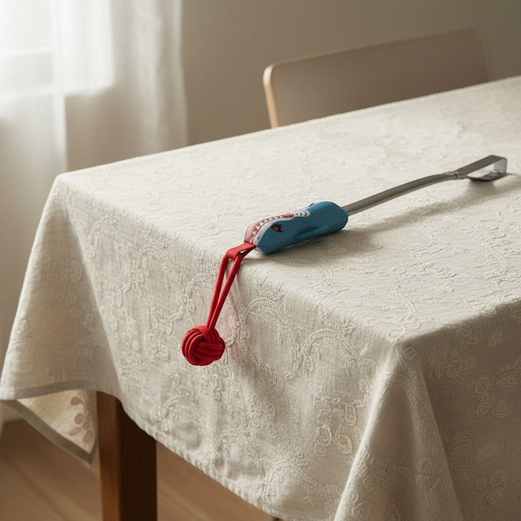 ZenZon Nordic shark-shaped cotton rope dog toy with a red knot for interactive pulling on a dining table