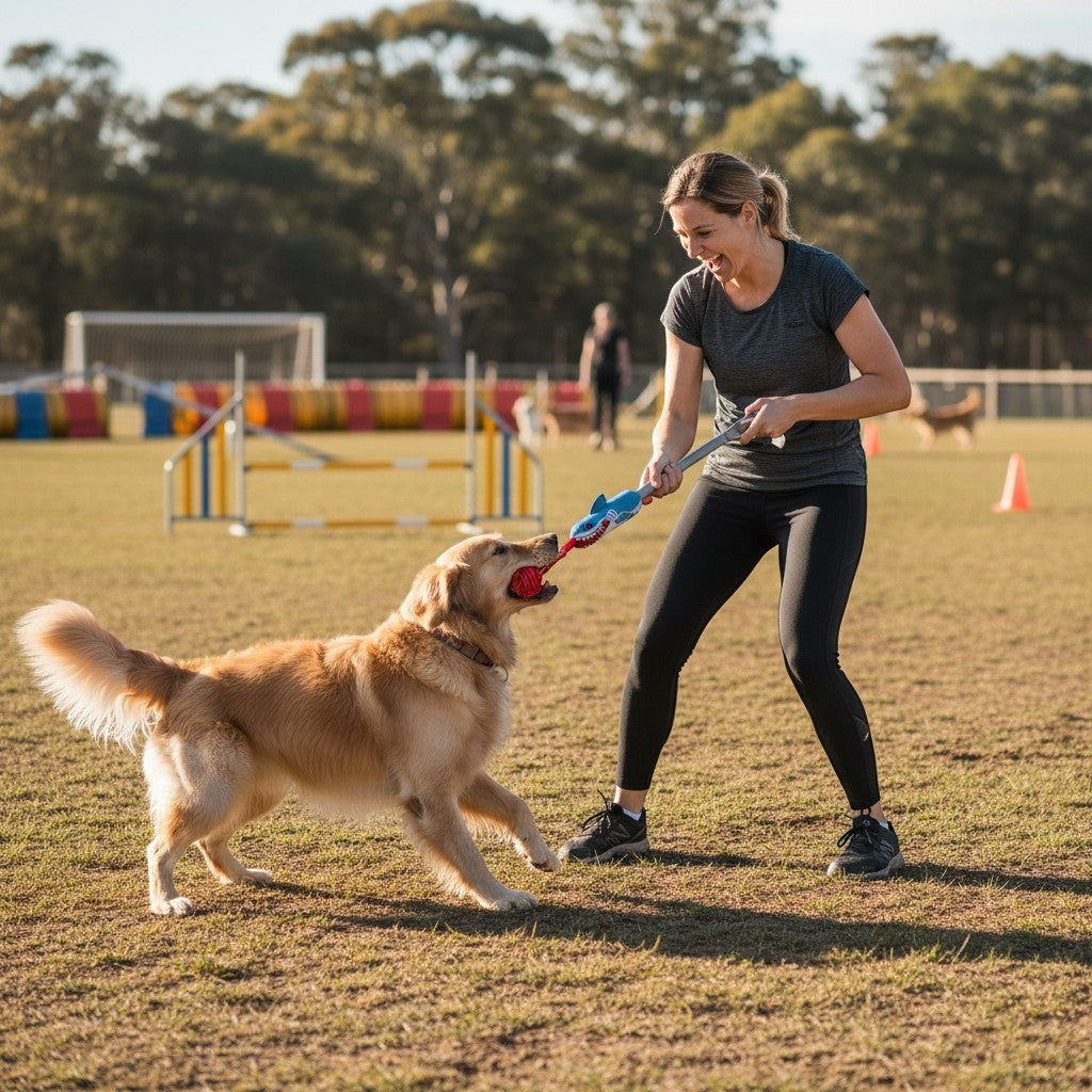 ZenZon Nordic shark cotton rope dog toy being used for an interactive tug-of-war game with a golden retriever