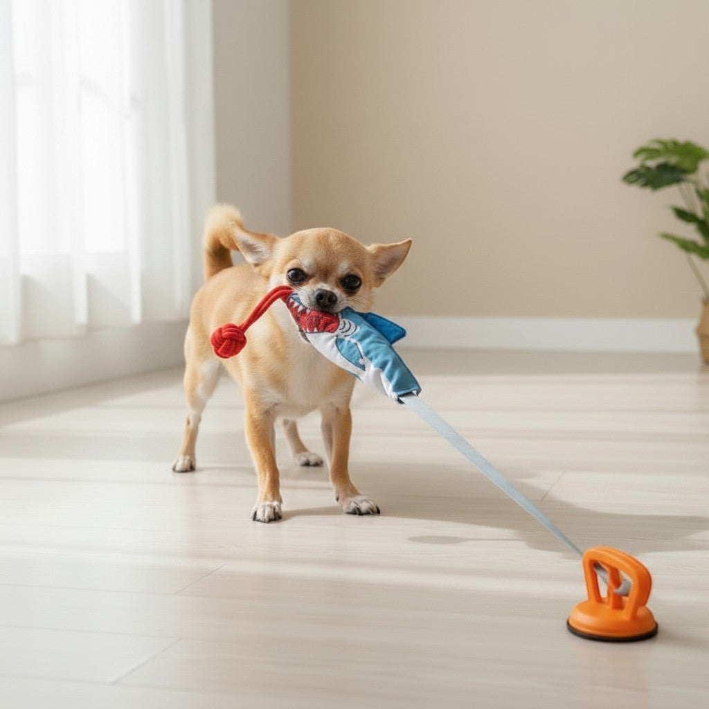 ZenZon Nordic shark-shaped cotton rope dog toy with suction cup for interactive tug-of-war play with a small dog