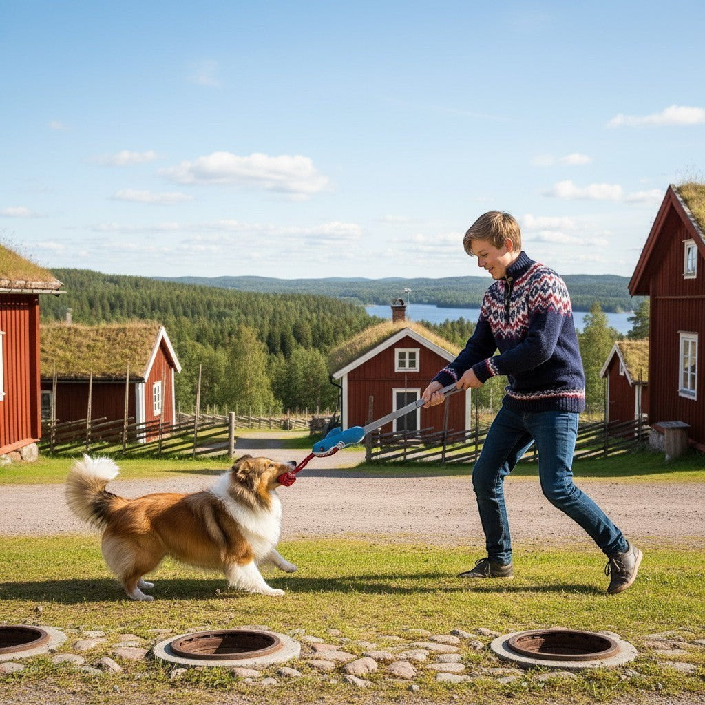 ZenZon Nordic shark-shaped cotton rope dog toy used for interactive tug-of-war play with a dog in a rural setting