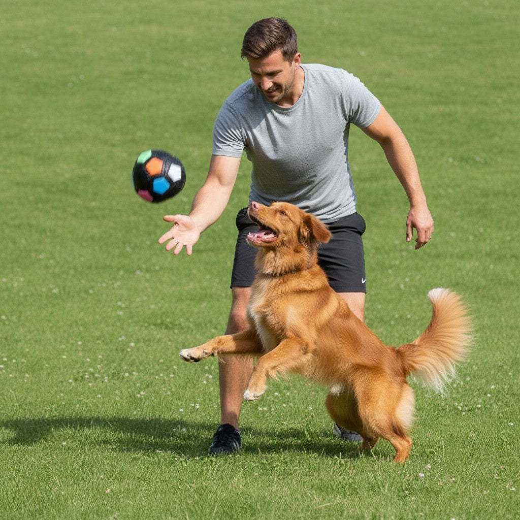 ZenZon Nordic black football-shaped dog toy with pink, white, blue, orange, and green panels. Features a handle and squeaker.